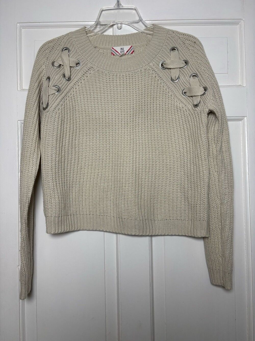 Pink Rose Women’s M Beige Cable Knit Sweater V Neck Short Cozy Soft